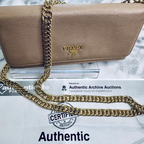 Prada Tan Leather Wallet with Gold Chain - Picture 1 of 15